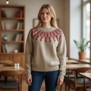 Women's Holiday Casual Beige and Red Sweater Large